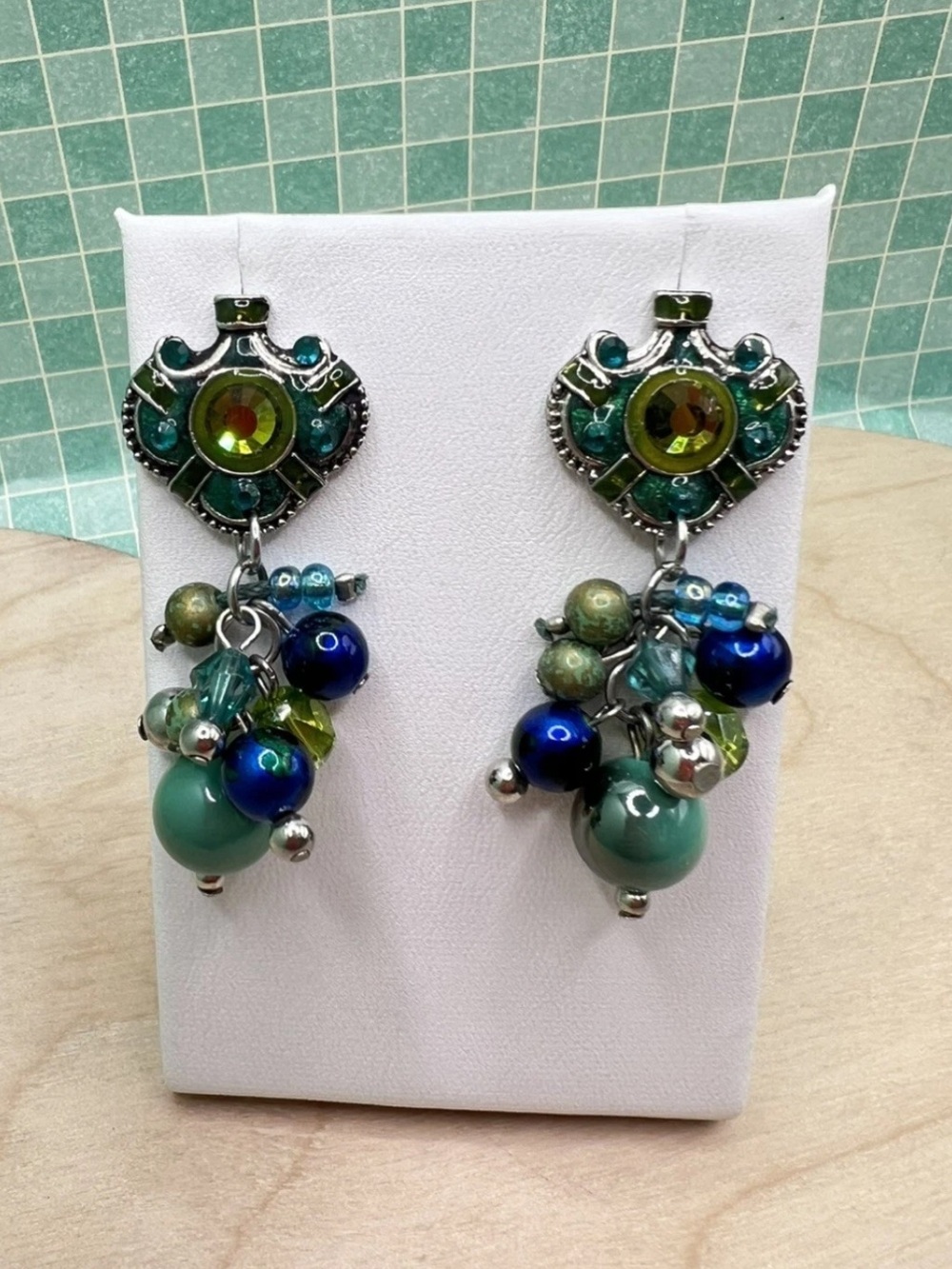 Vintage Beaded Dangle Earrings Green Blue Rhinestone Boho Statement Retro